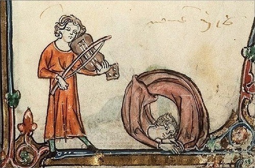 A medieval picture depicting one man playing the fiddle and the other dancing elaborately.